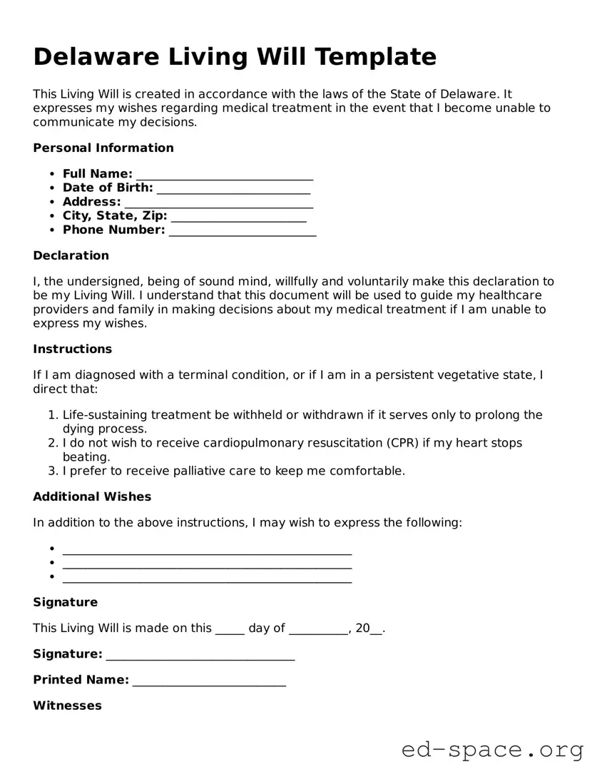 Free  Living Will Form for Delaware