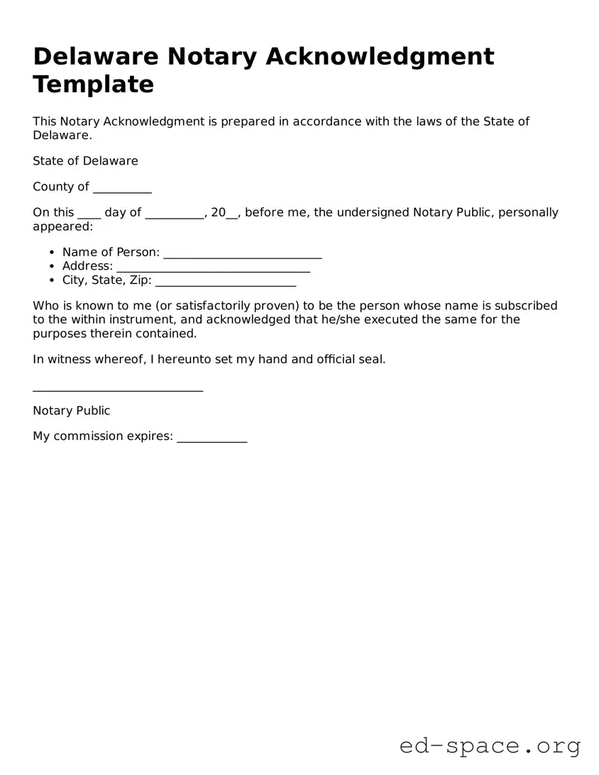 Free  Notary Acknowledgement Form for Delaware