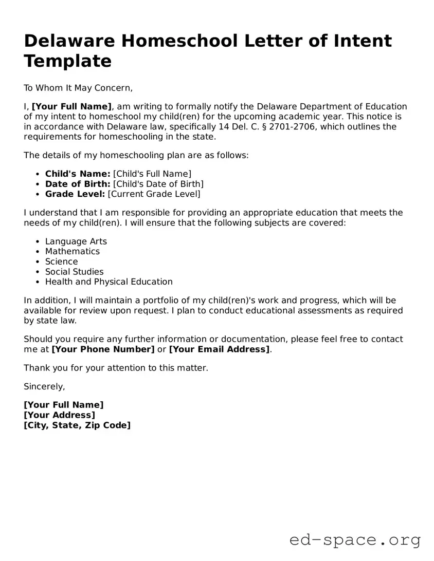 Free  Homeschool Letter of Intent Form for Delaware
