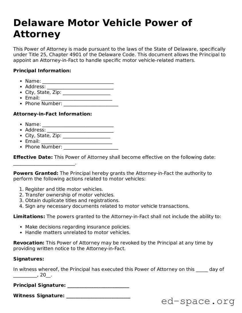 Free  Motor Vehicle Power of Attorney Form for Delaware