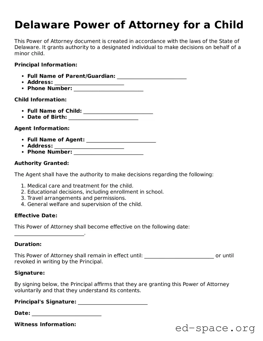 Free  Power of Attorney for a Child Form for Delaware