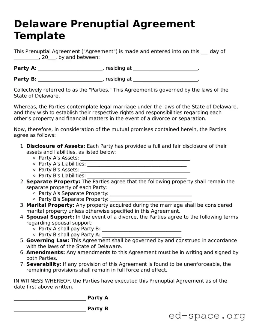 Free  Prenuptial Agreement Form for Delaware