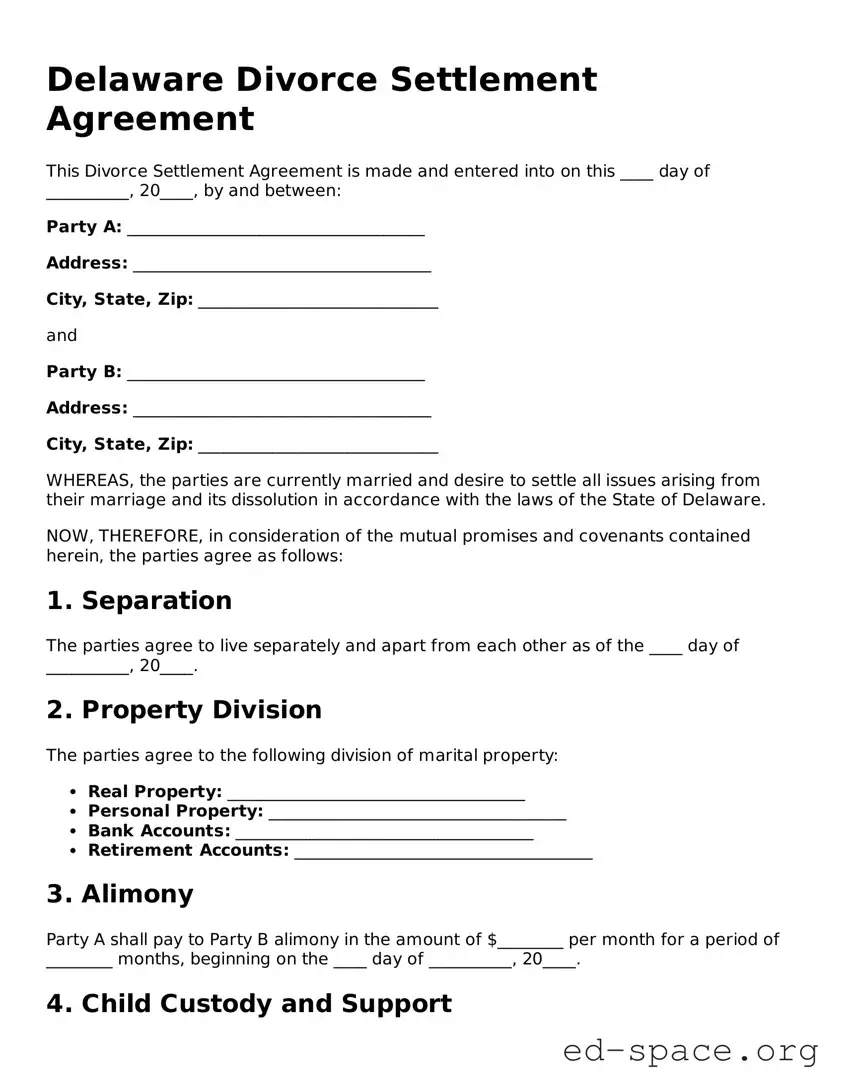 Free  Divorce Settlement Agreement Form for Delaware