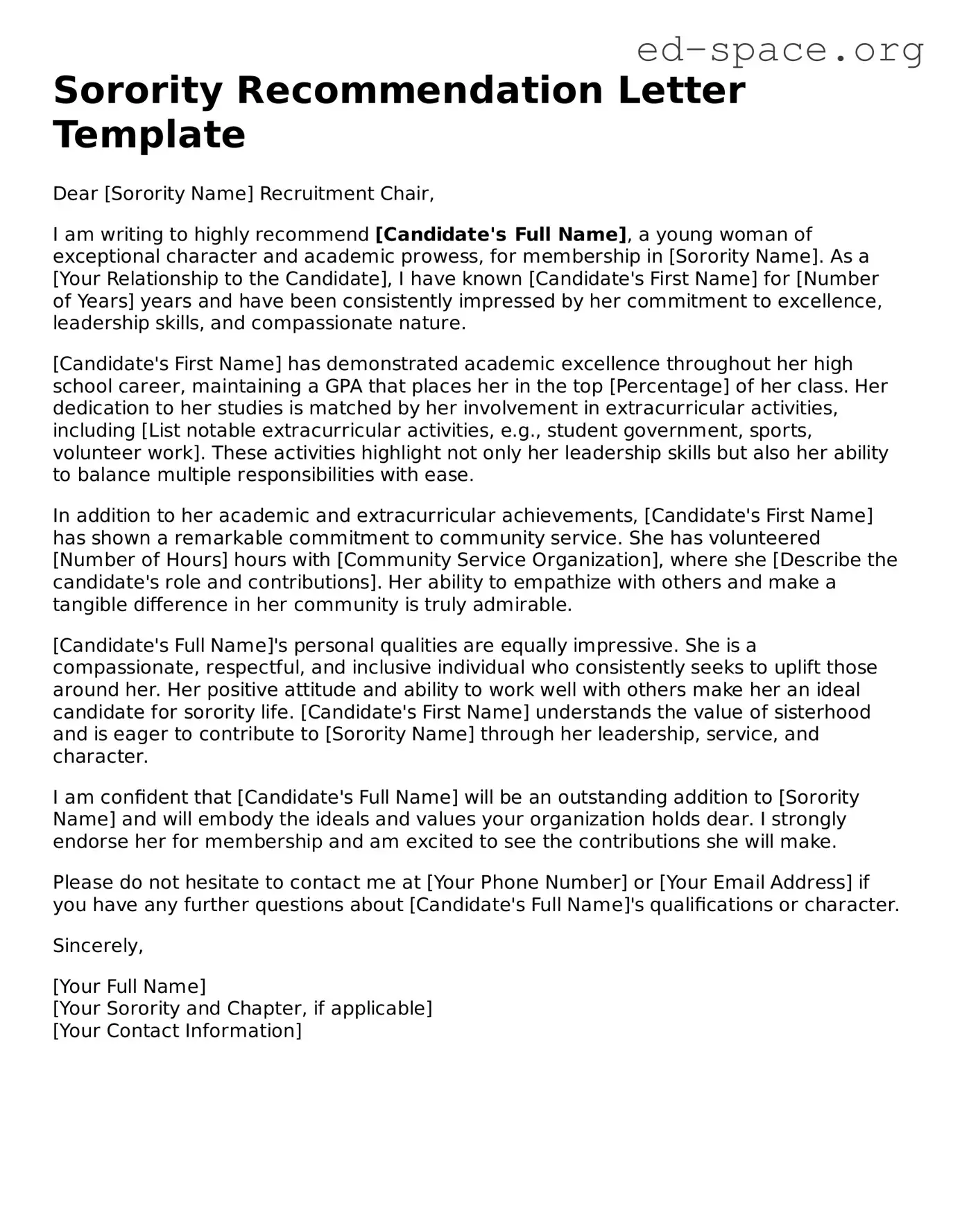 Fillable Sorority Recommendation Letter Template