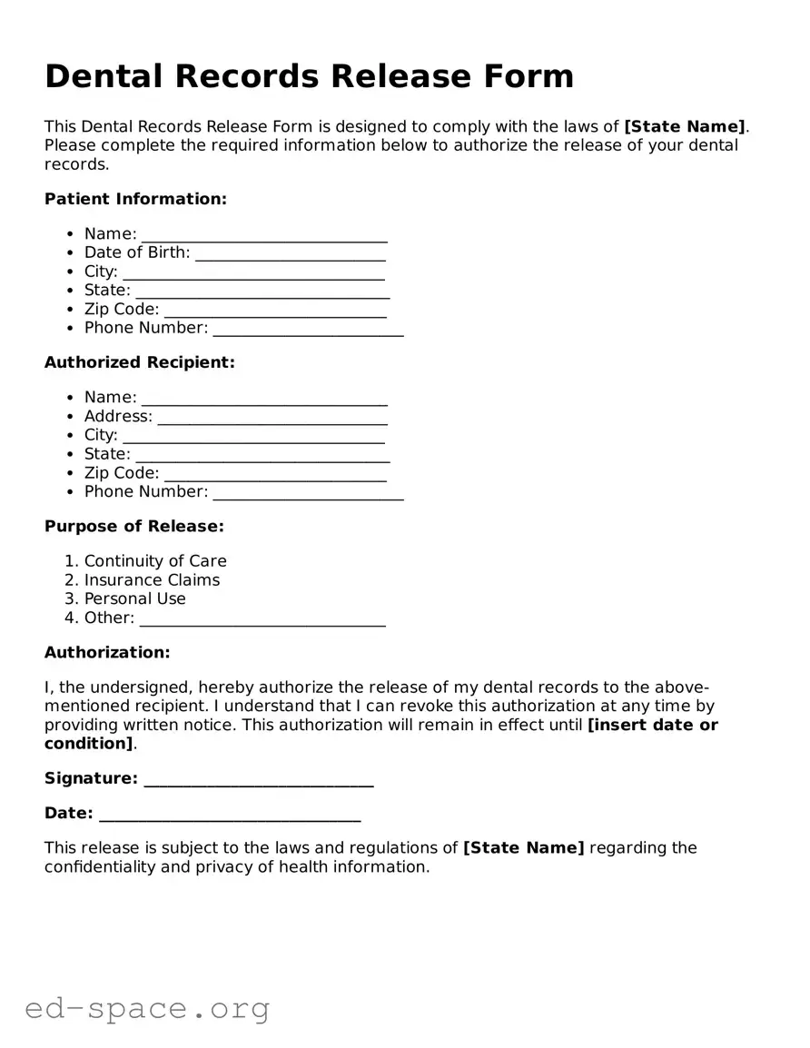 Fillable Dental Records Release Template
