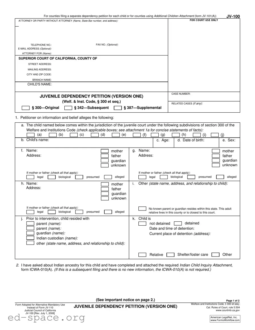 Blank California Jv 100 PDF Form