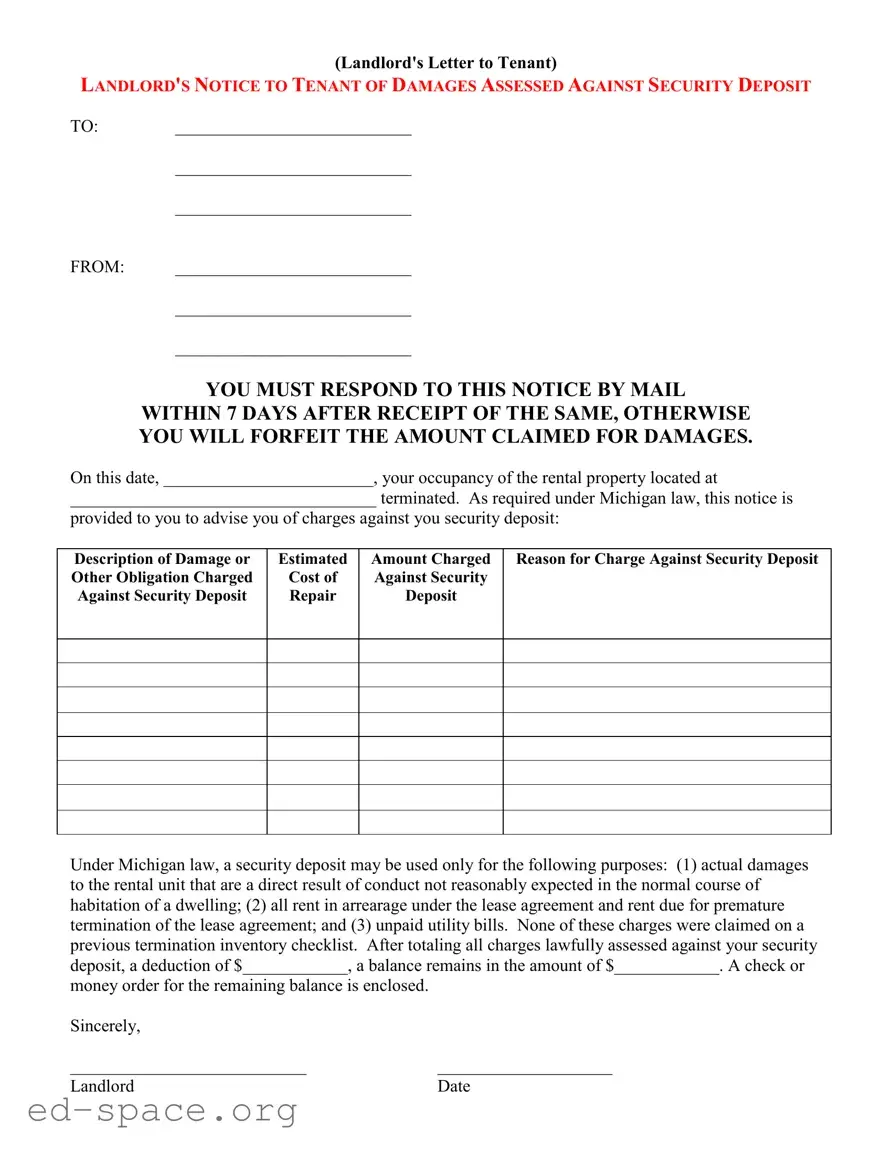 Blank Landlord Damages Letter PDF Form