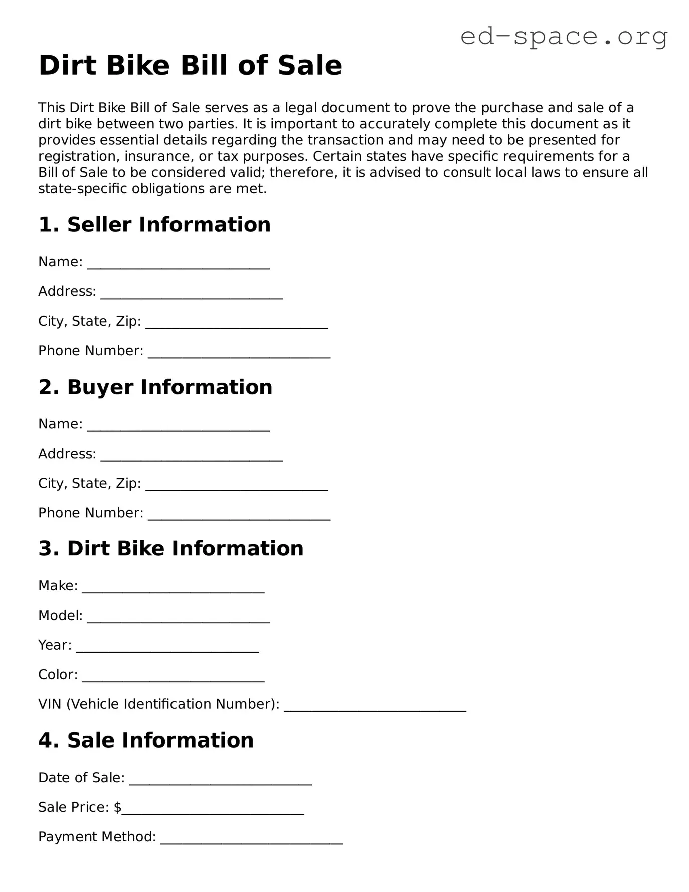 Fillable Dirt Bike Bill of Sale Template