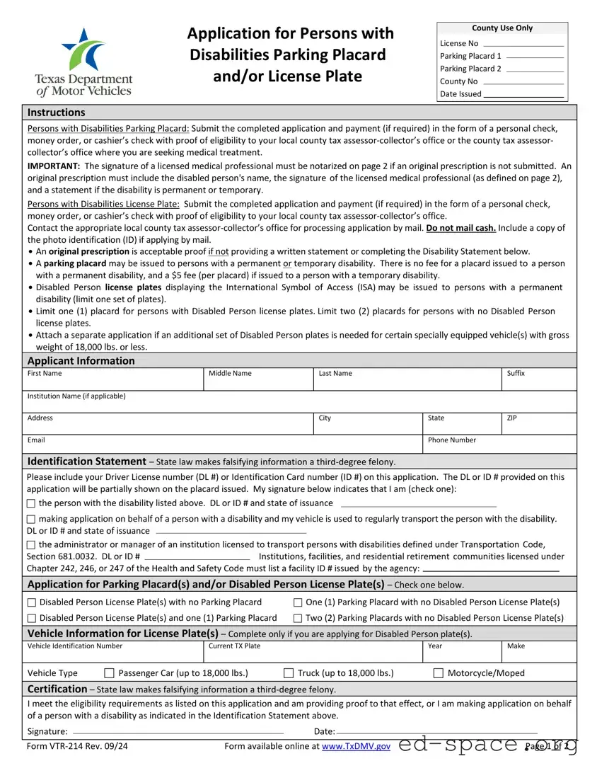 Blank Texas Parking Vtr 214 PDF Form