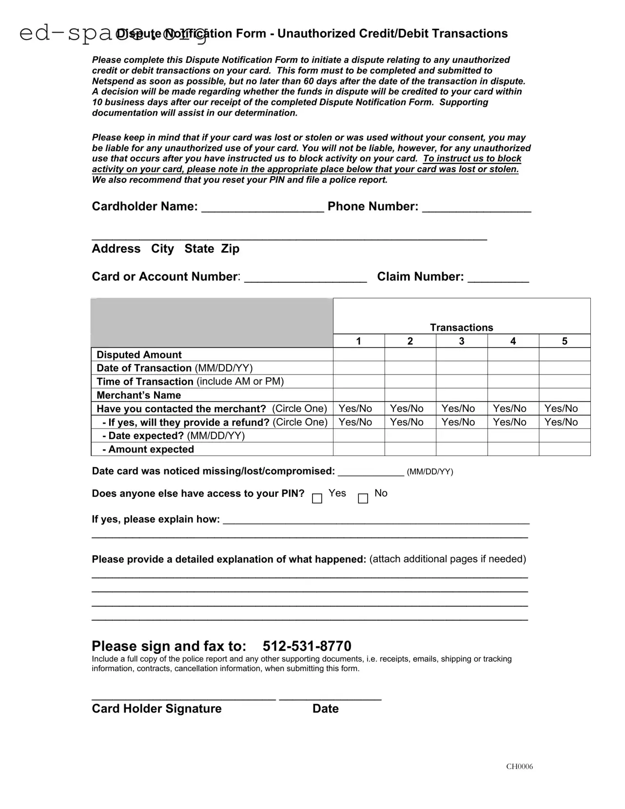 Blank Netspend Dispute PDF Form