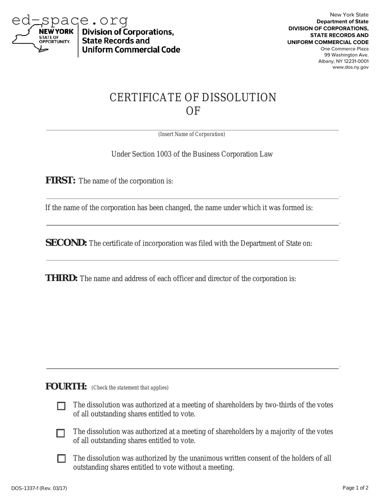 Blank Ny Dissolution Certificate PDF Form