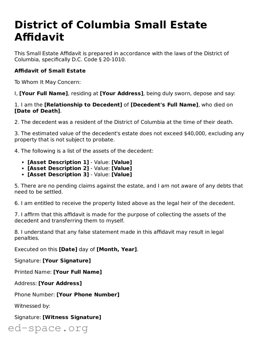 Free  Small Estate Affidavit Form for District of Columbia
