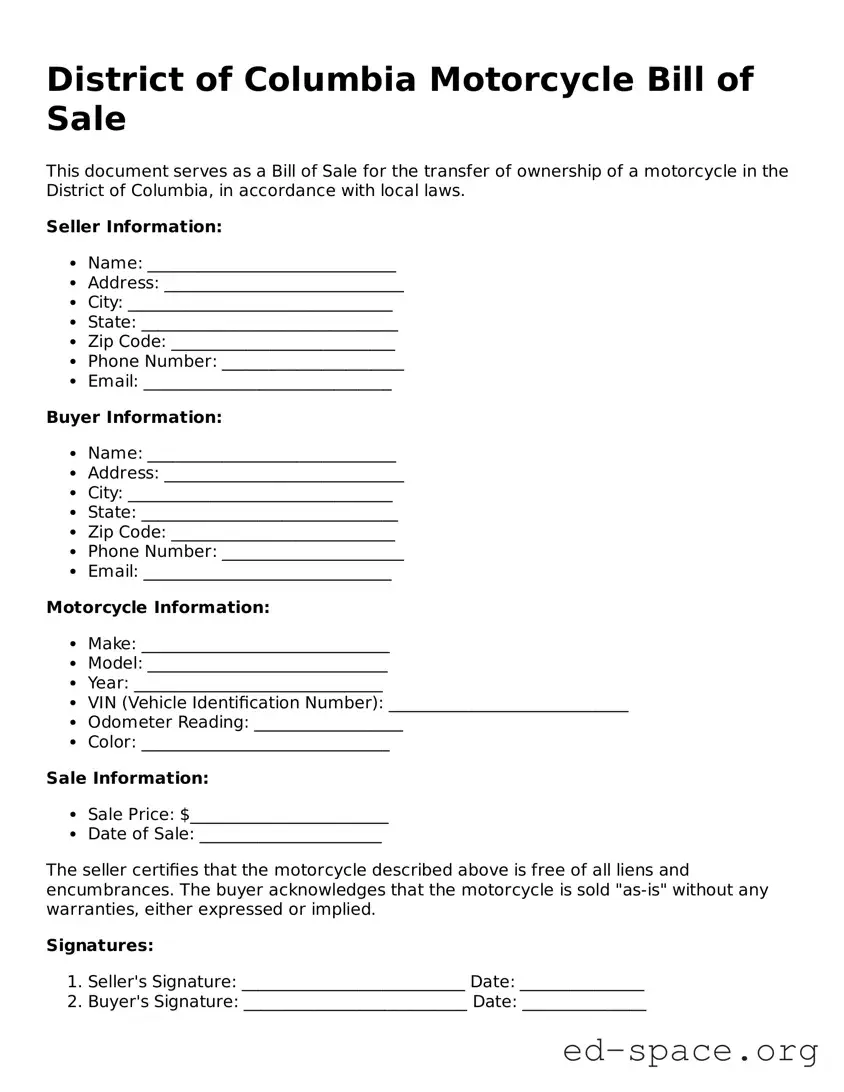 Free  Motorcycle Bill of Sale Form for District of Columbia
