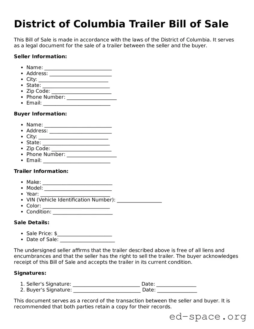 Free  Trailer Bill of Sale Form for District of Columbia