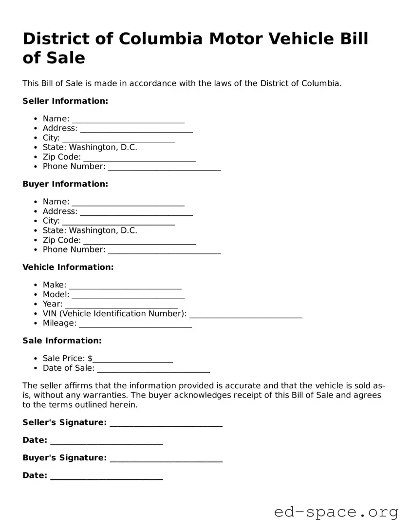 Free  Motor Vehicle Bill of Sale Form for District of Columbia