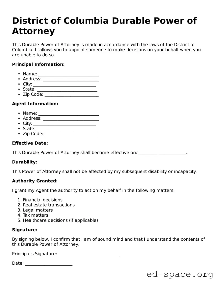 Free  Durable Power of Attorney Form for District of Columbia