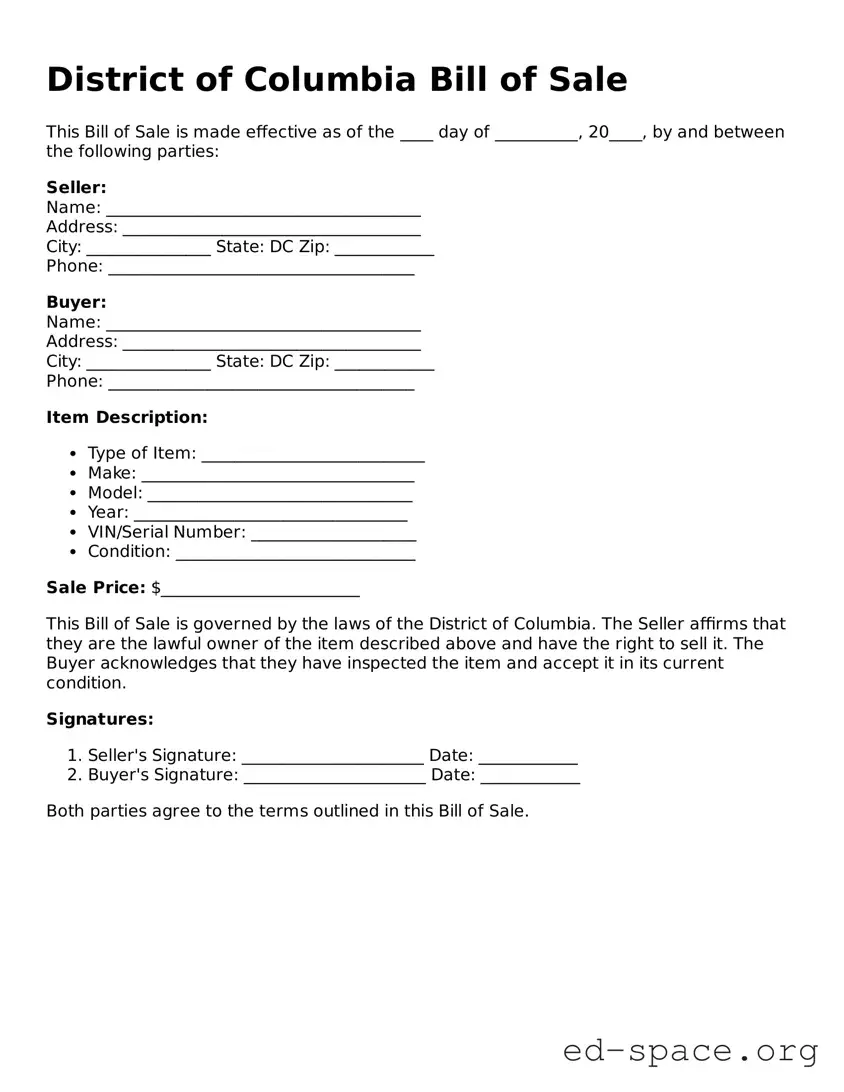 Free  Bill of Sale Form for District of Columbia