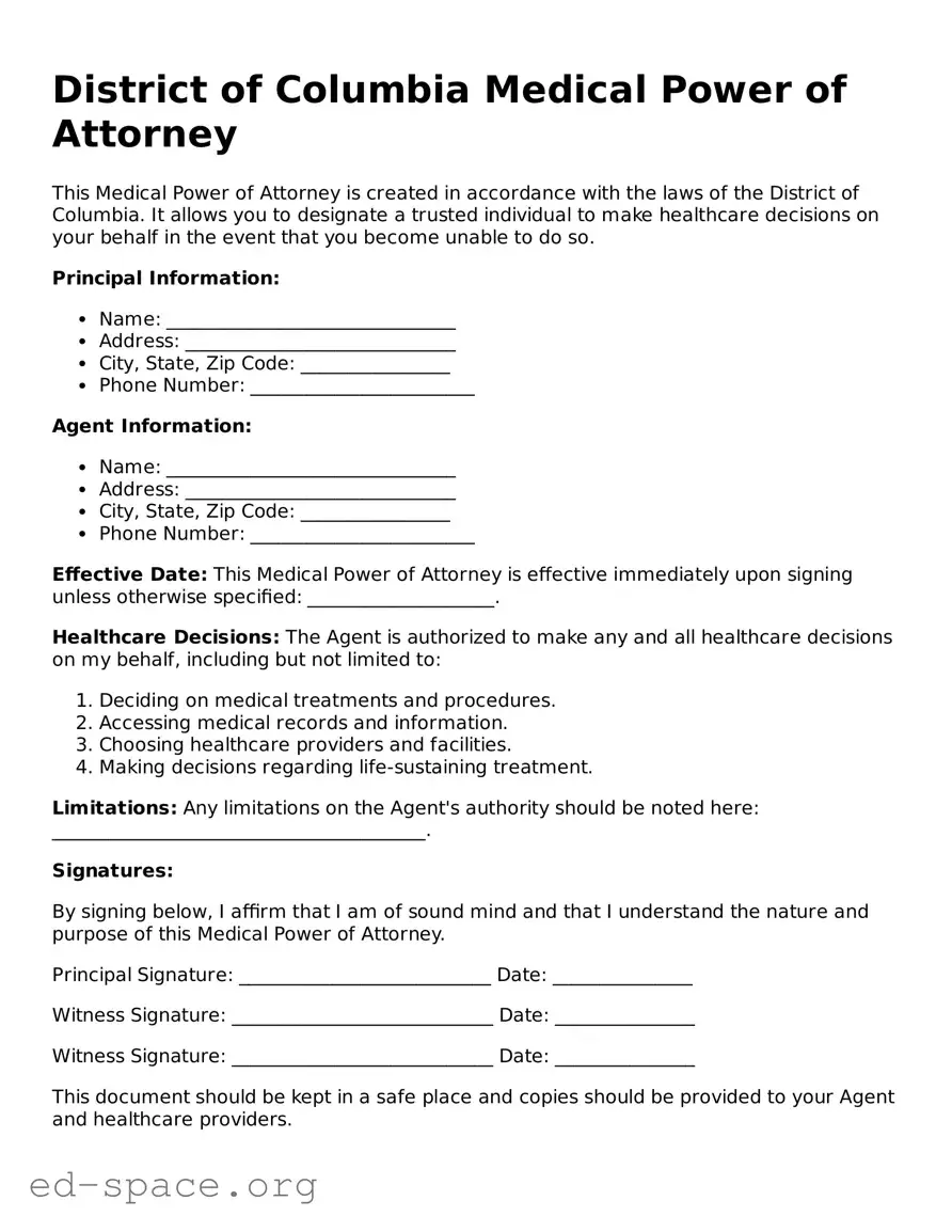 Free  Medical Power of Attorney Form for District of Columbia