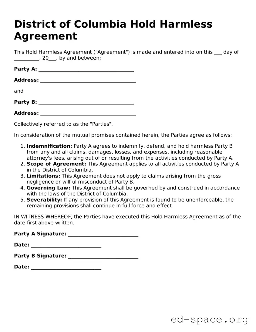 Free  Hold Harmless Agreement Form for District of Columbia