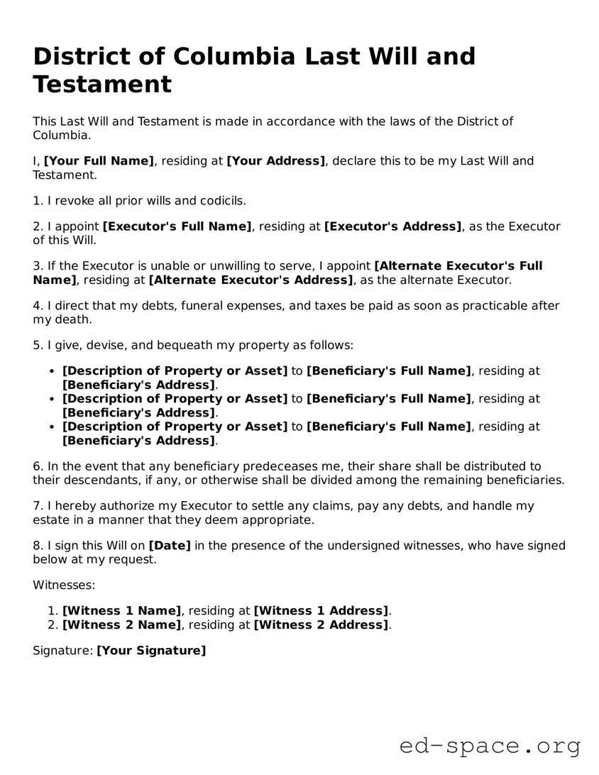 Free  Last Will and Testament Form for District of Columbia