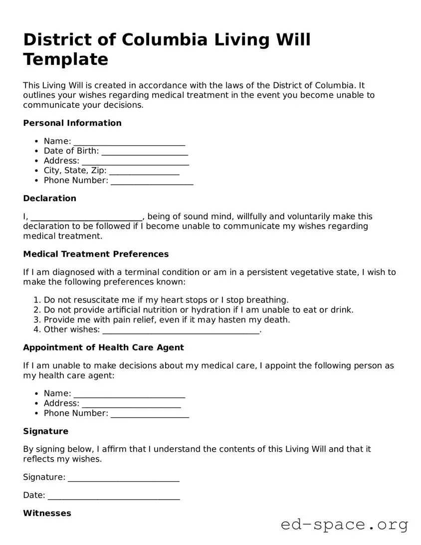 Free  Living Will Form for District of Columbia