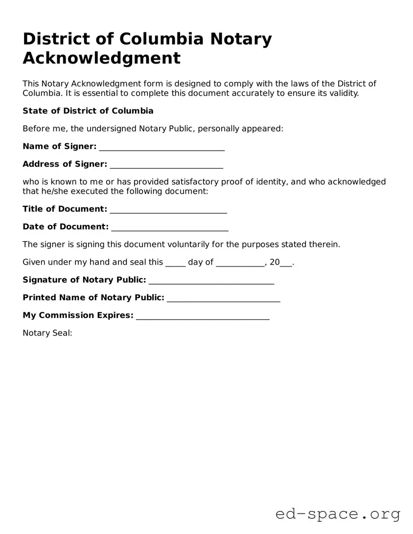 Free  Notary Acknowledgement Form for District of Columbia