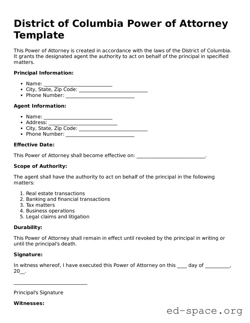 Free  Power of Attorney Form for District of Columbia