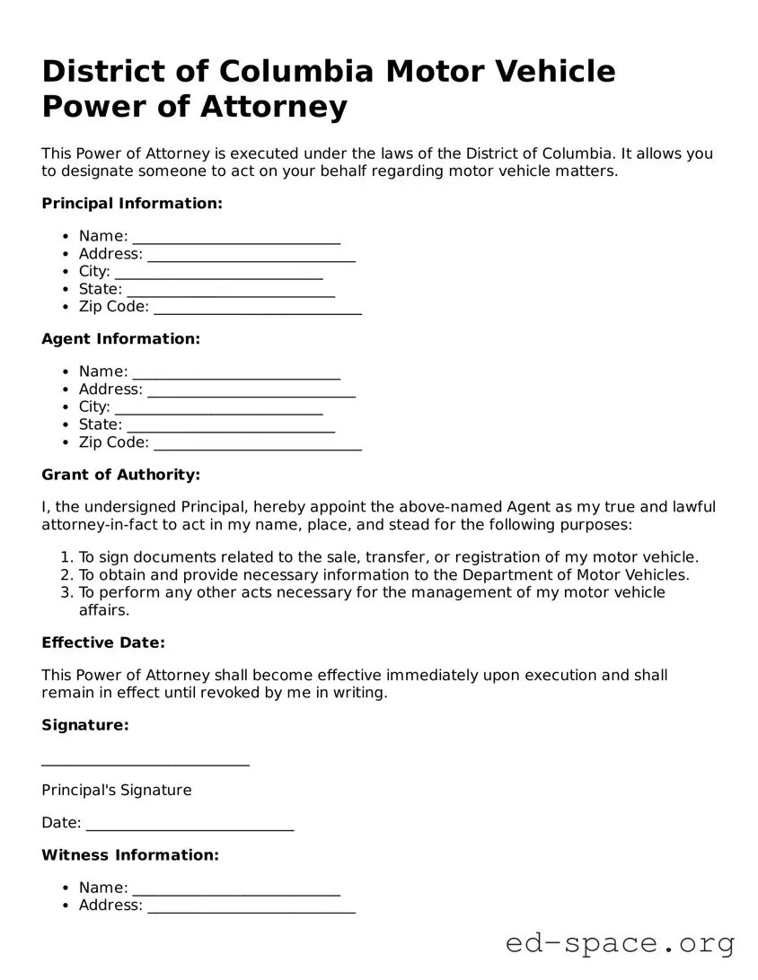 Free  Motor Vehicle Power of Attorney Form for District of Columbia