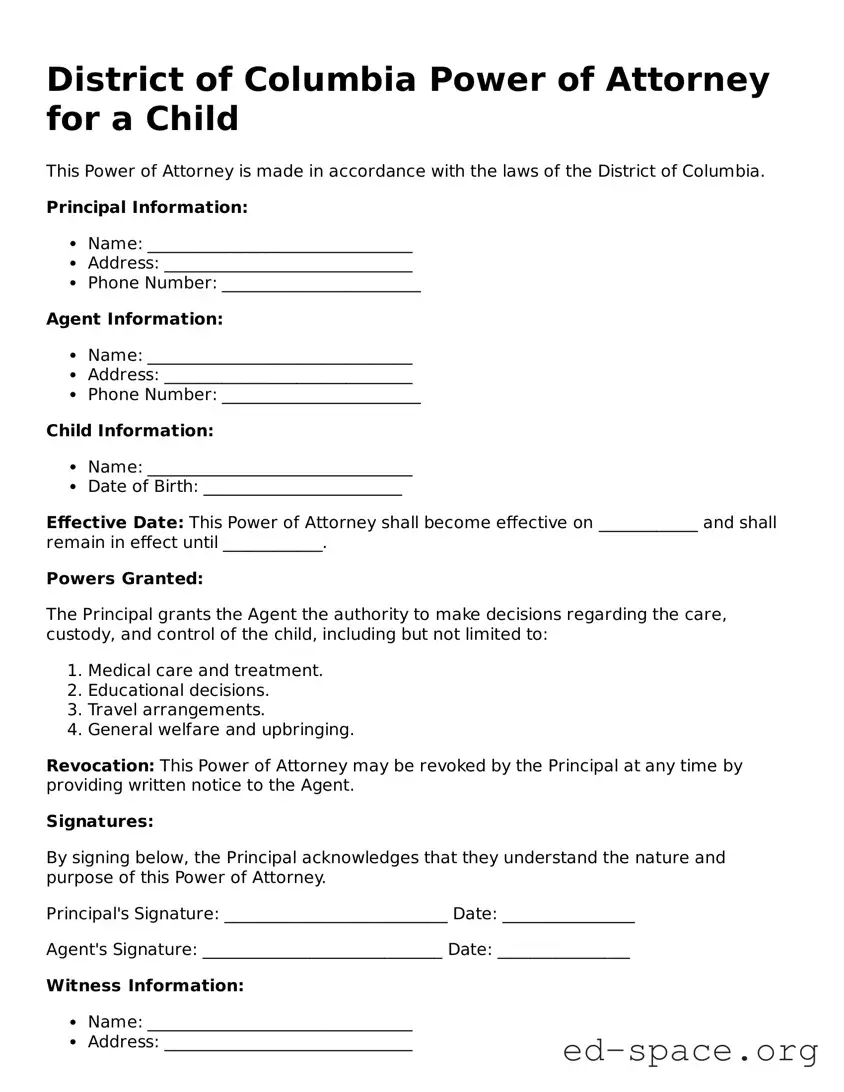 Free  Power of Attorney for a Child Form for District of Columbia