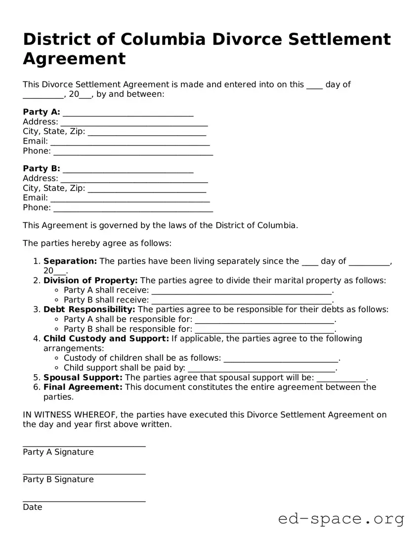Free  Divorce Settlement Agreement Form for District of Columbia