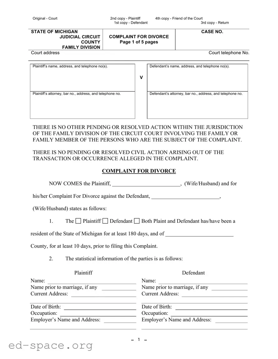 Blank Michigan Complaint Divorce PDF Form