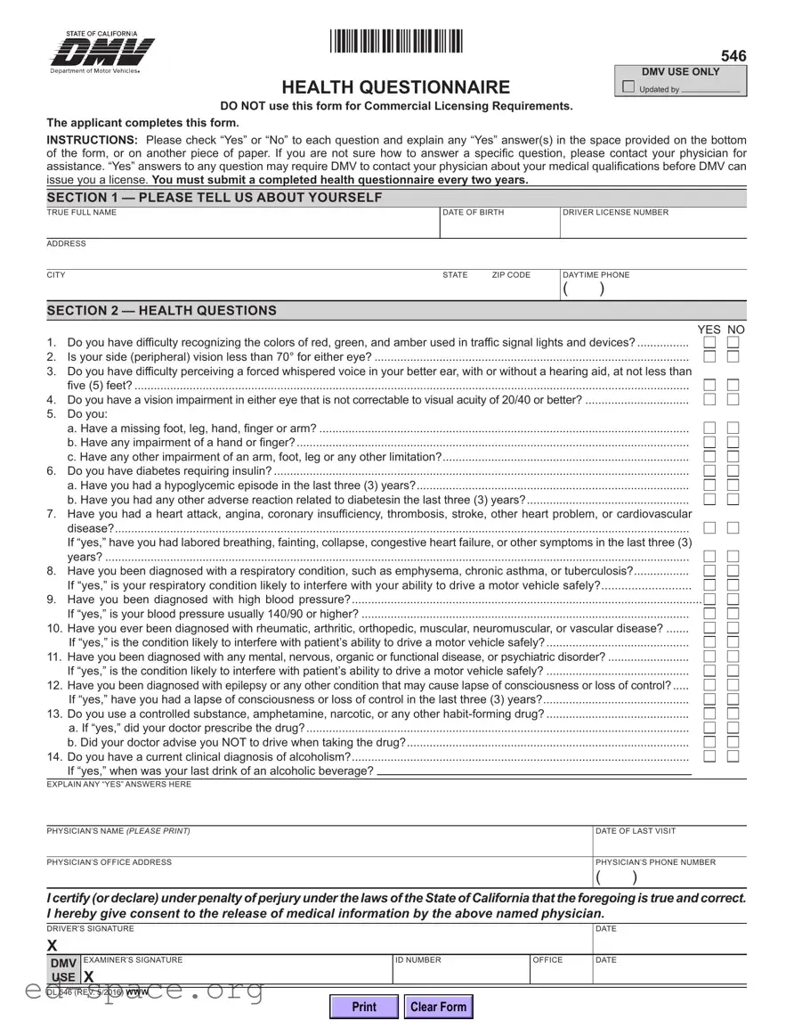 Blank California Dmv Dl 546 PDF Form