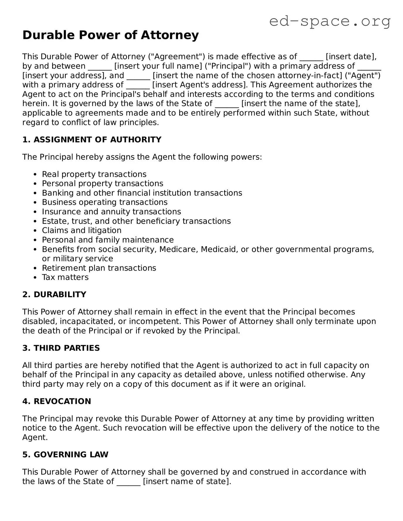 Fillable Durable Power of Attorney Template