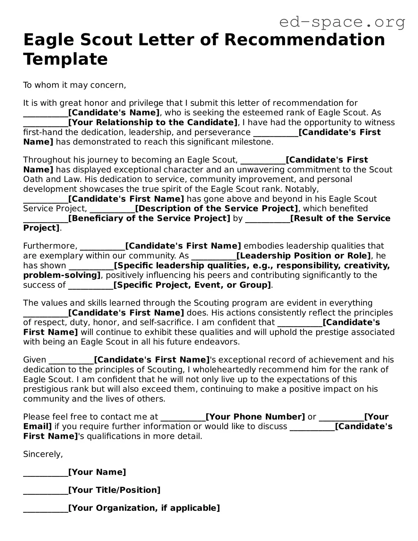 Fillable Eagle Scout Letter of Recommendation Template