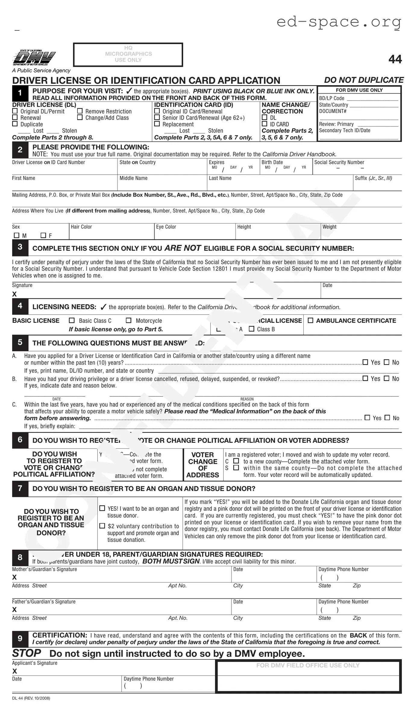 Blank Ca Dmv Dl 44 PDF Form