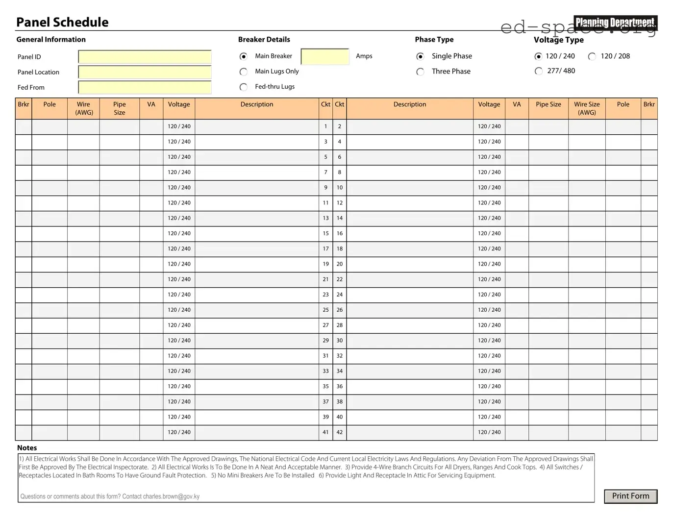 Blank Electrical Panel Schedule PDF Form