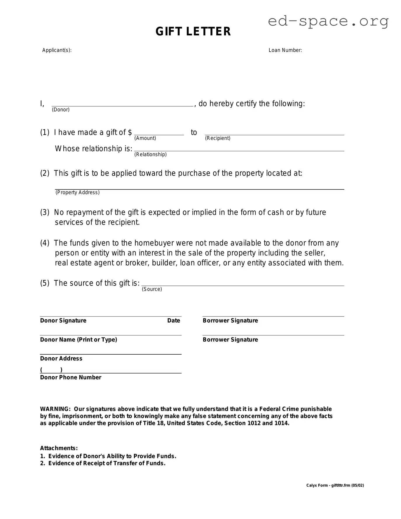 Blank Gift Letter PDF Form