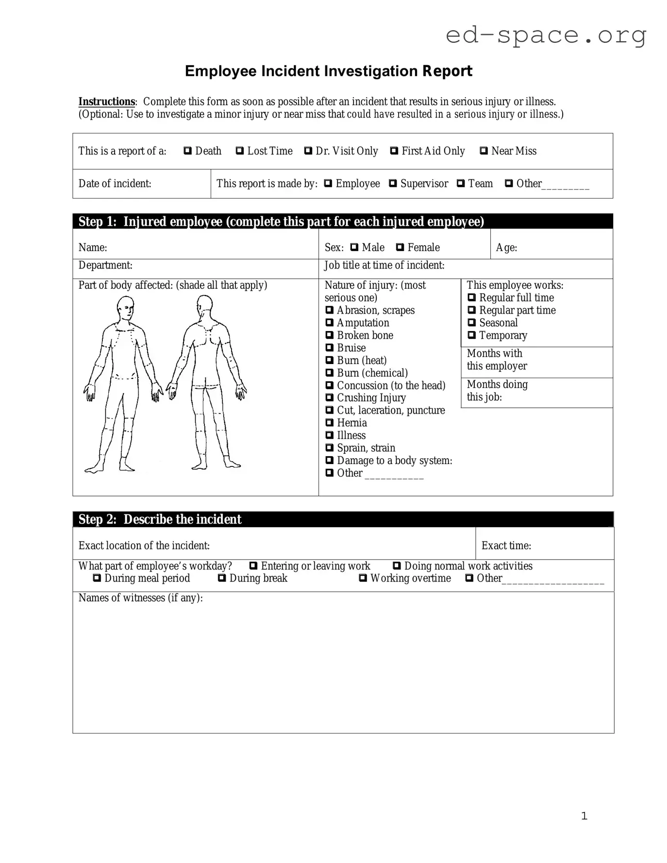 Blank Employee Accident Report PDF Form