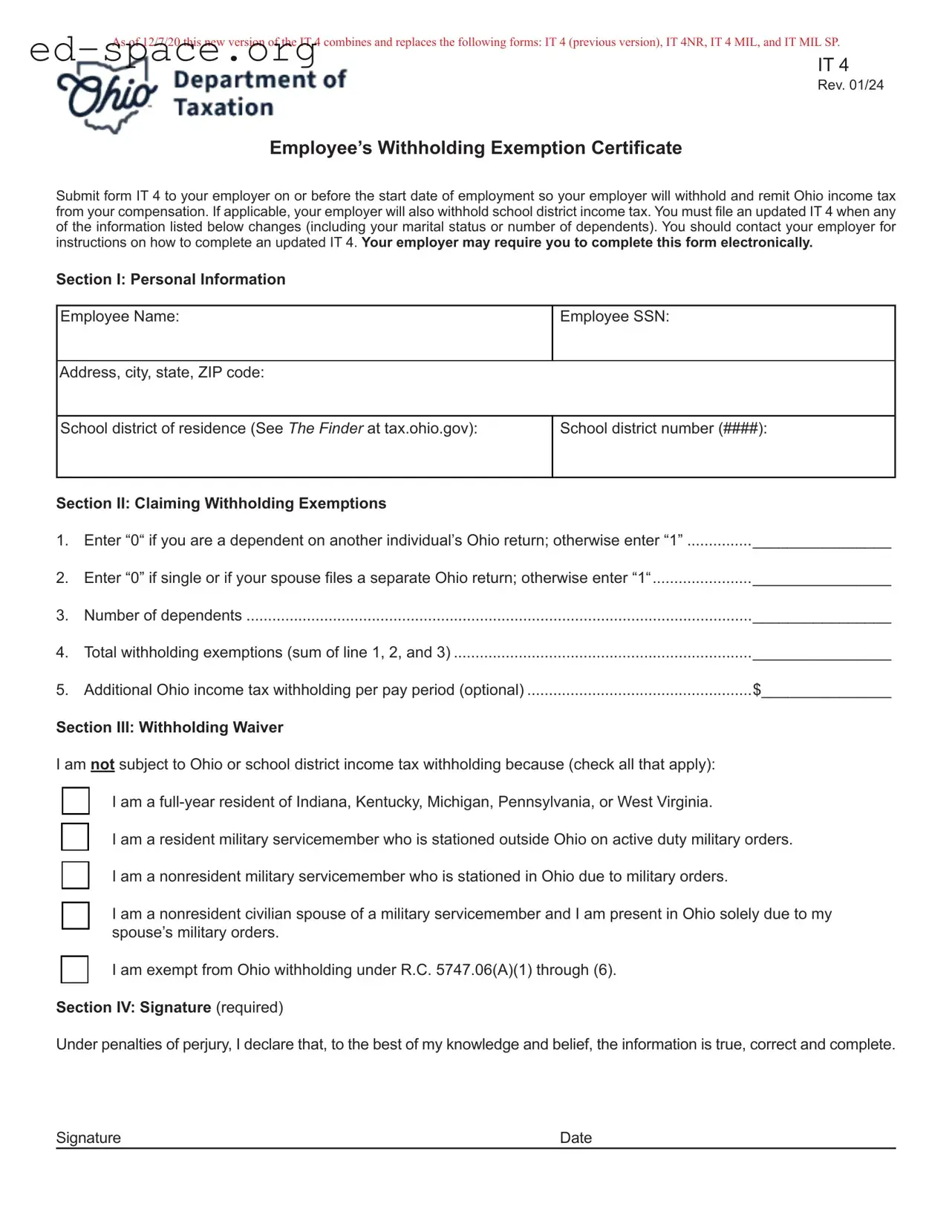 Blank Ohio It 4 PDF Form