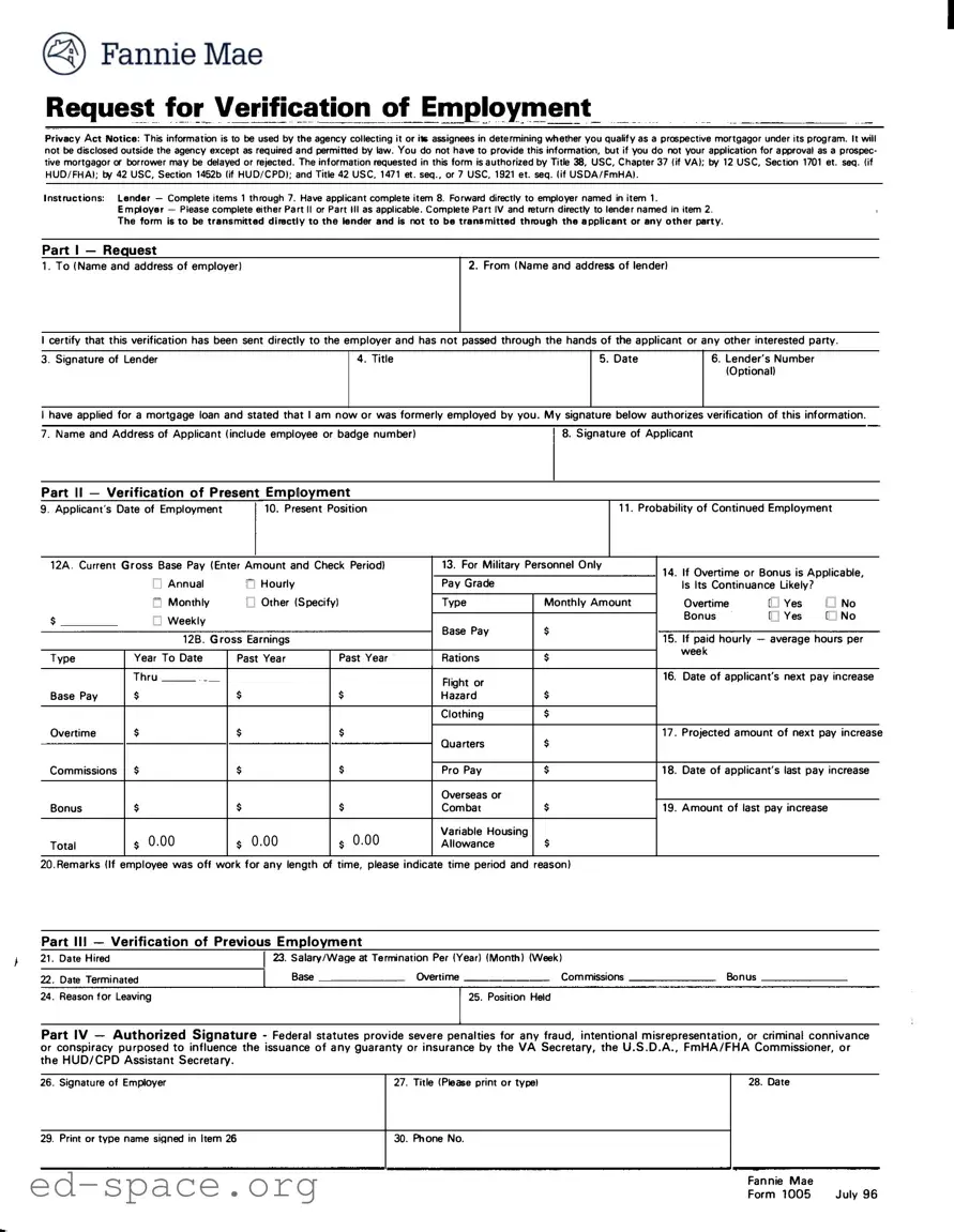 Blank 1005 Verification Of Employment PDF Form