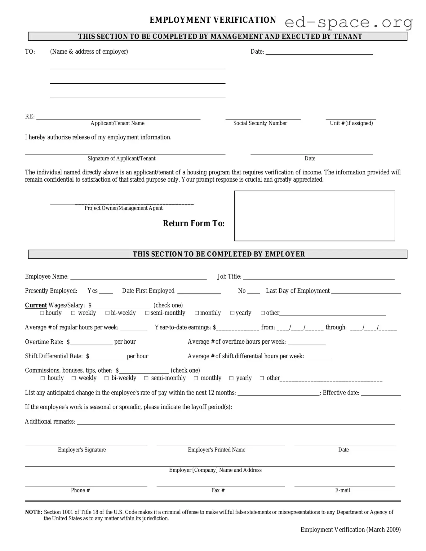 Blank Employment verification form PDF Form