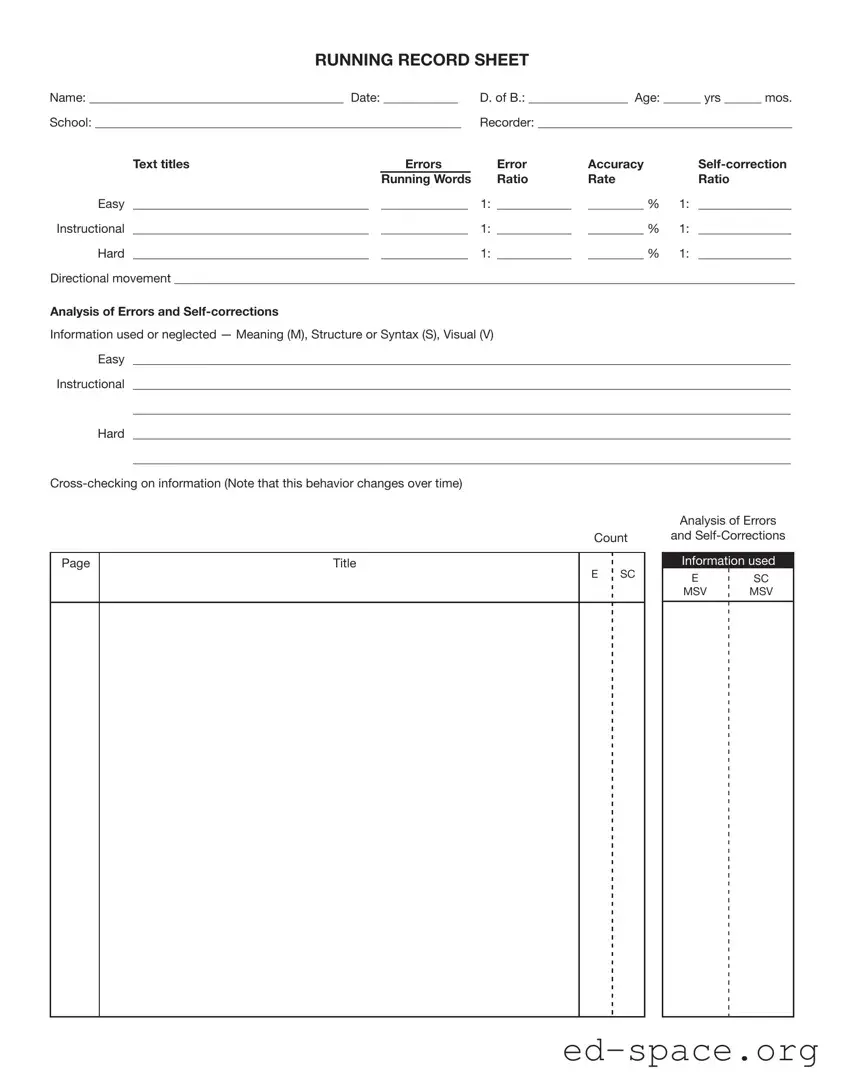 Blank Running Record Sheet PDF Form