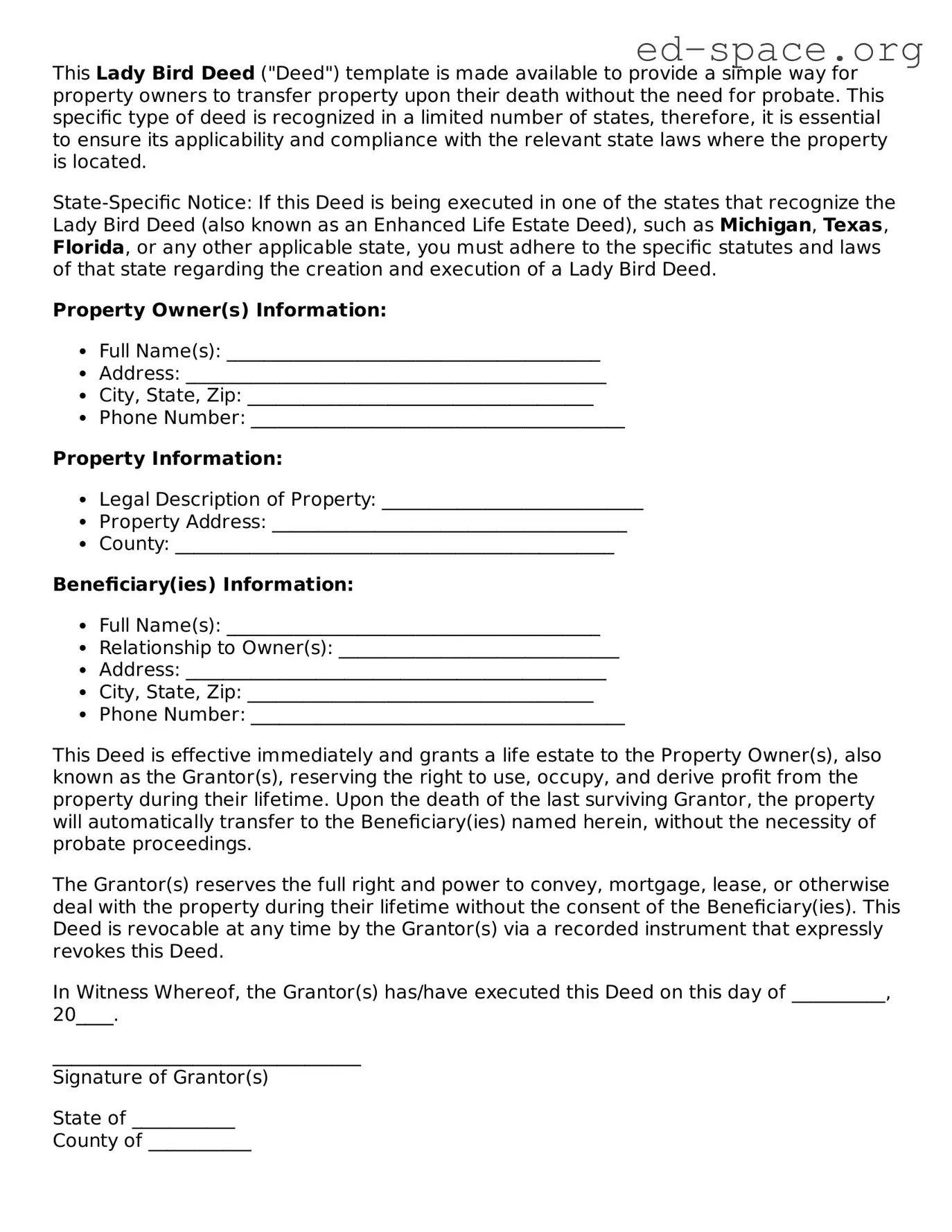 Fillable Lady Bird Deed Template