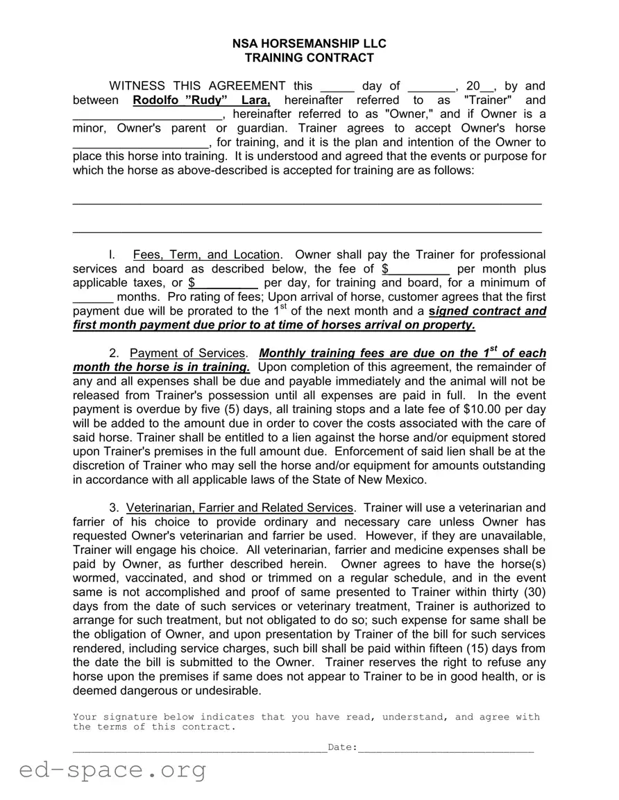 Blank Horse Training Contract PDF Form