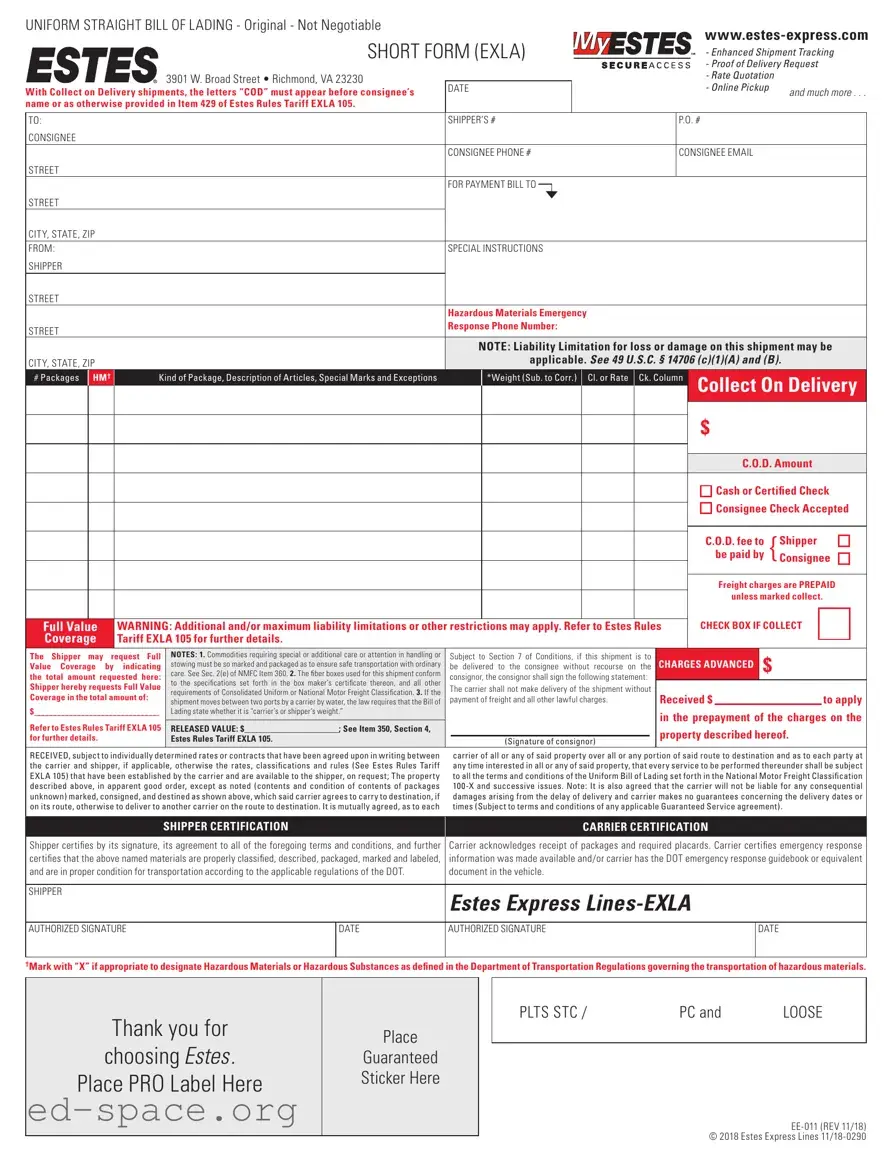 Blank Estes Express Bill Of Lading PDF Form