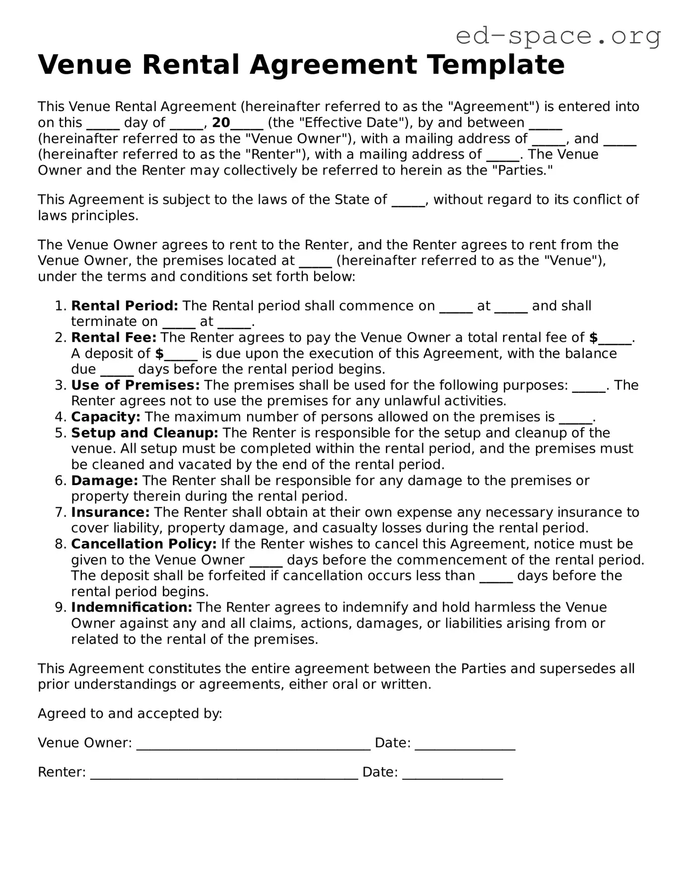Fillable Venue Rental Agreement Template