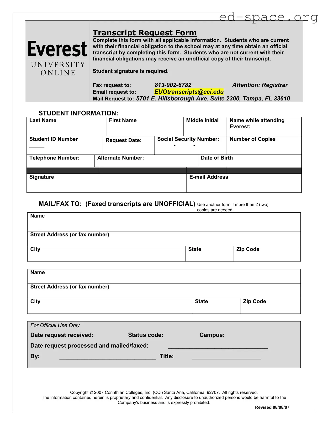 Blank Everest University Transcript PDF Form