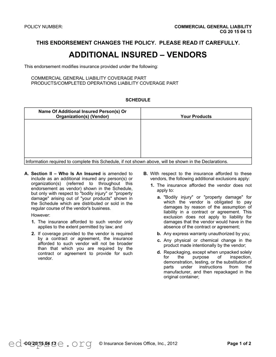 Blank Additional Insured Vendors PDF Form