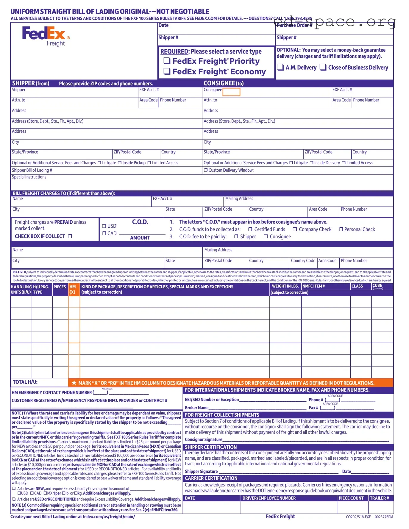 Blank Fedex Bill Of Lading PDF Form
