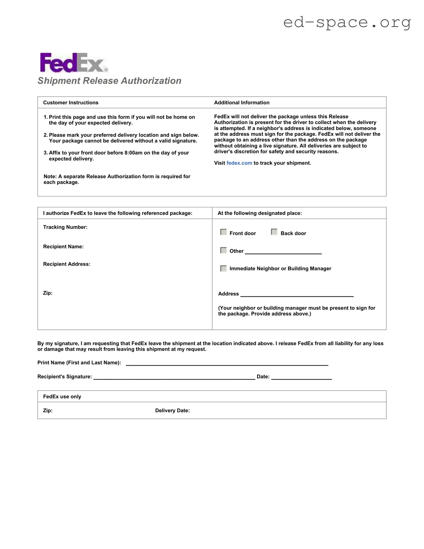 Blank Fedex Release PDF Form